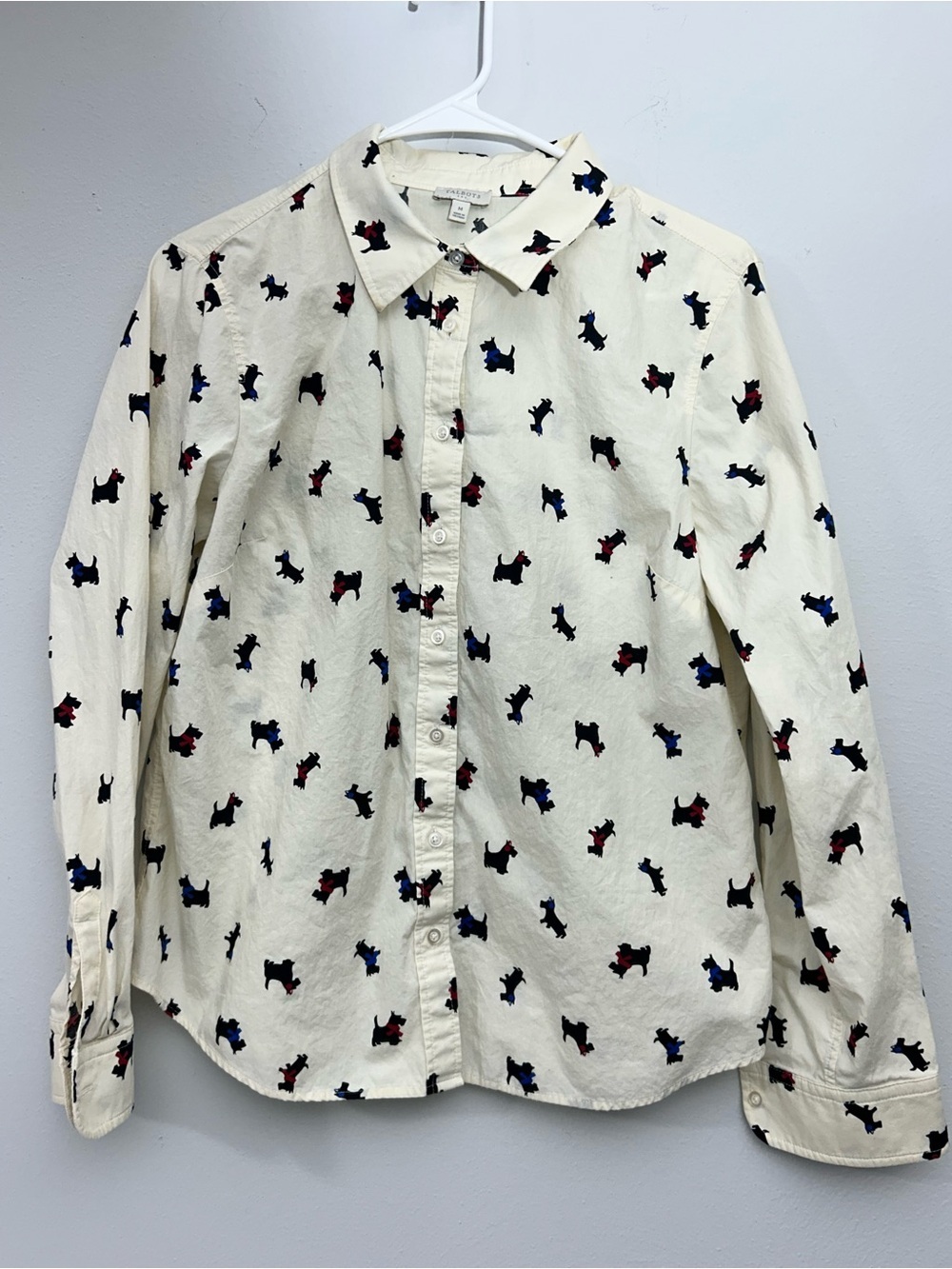 Talbots Woman’s Cream Button-Down Shirt with Red & Blue Scottie Dog Print Size M